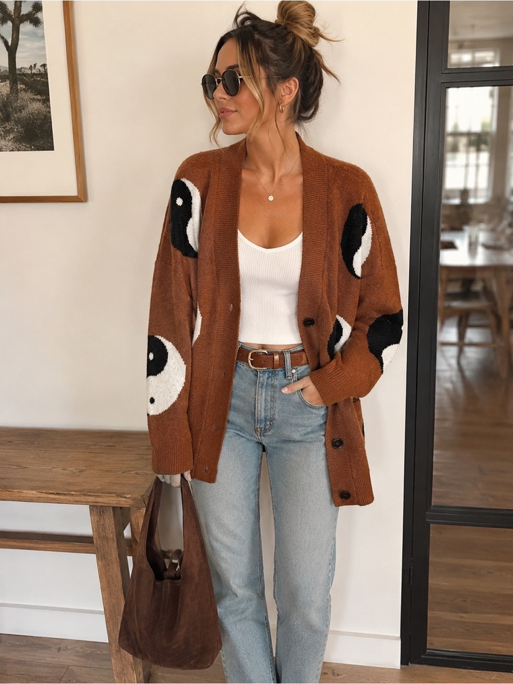 Cozy Brown Yin Yang Button-Front Cardigan Sweater